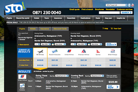 Online booking engine for STA Travel (US).