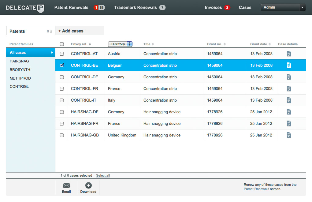 Delegate IP system cases screen.