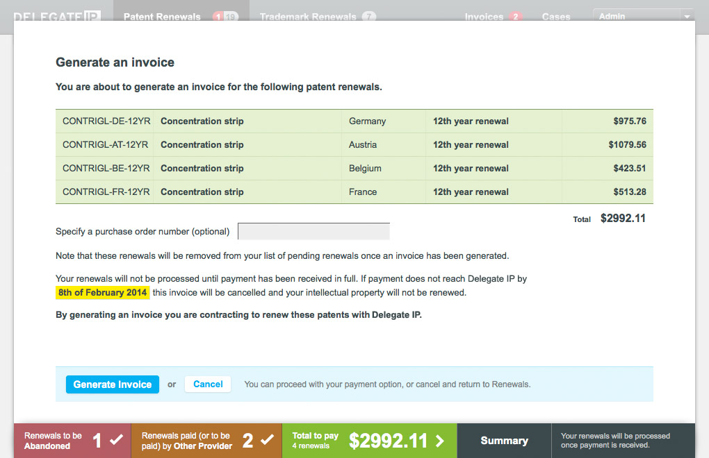Delegate IP system invoice generation screen.