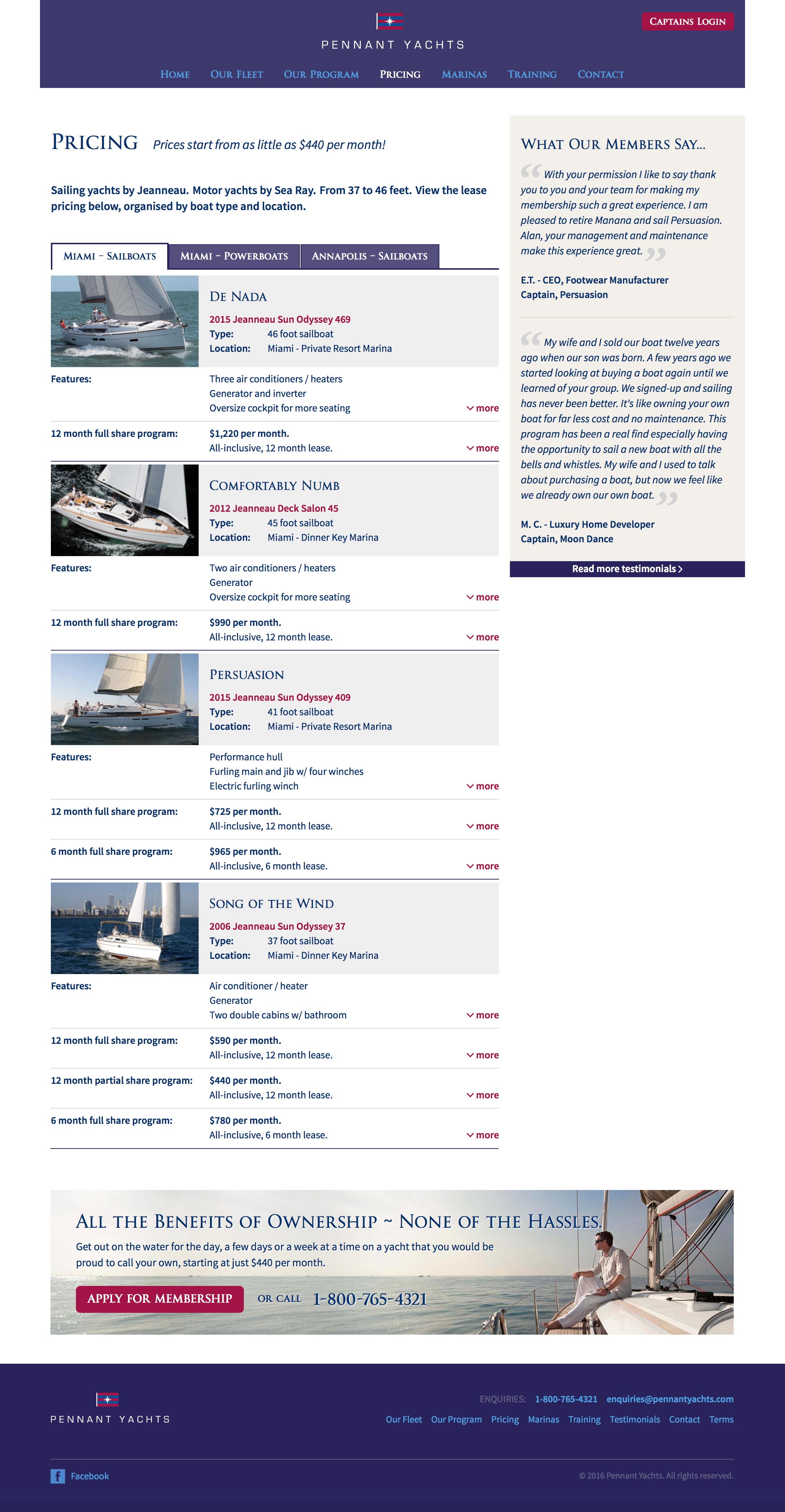 Pricing options for the Pennant Yachts program.