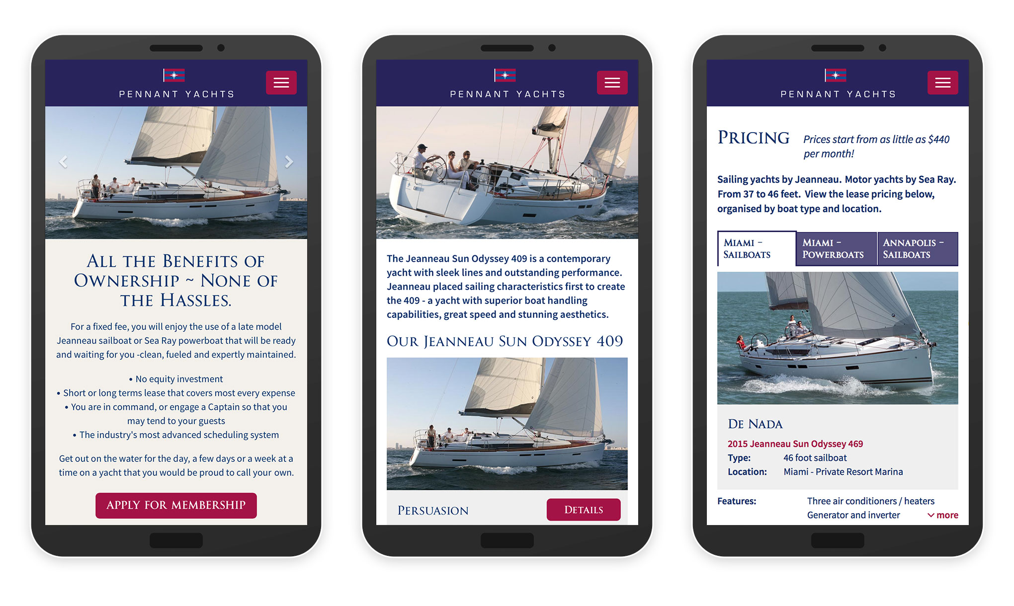 The Pennant Yachts website optimised for mobile.