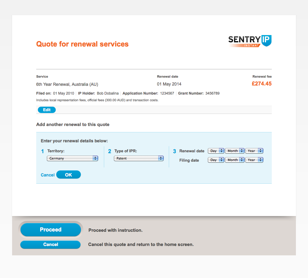 Sentry IP service quote page.