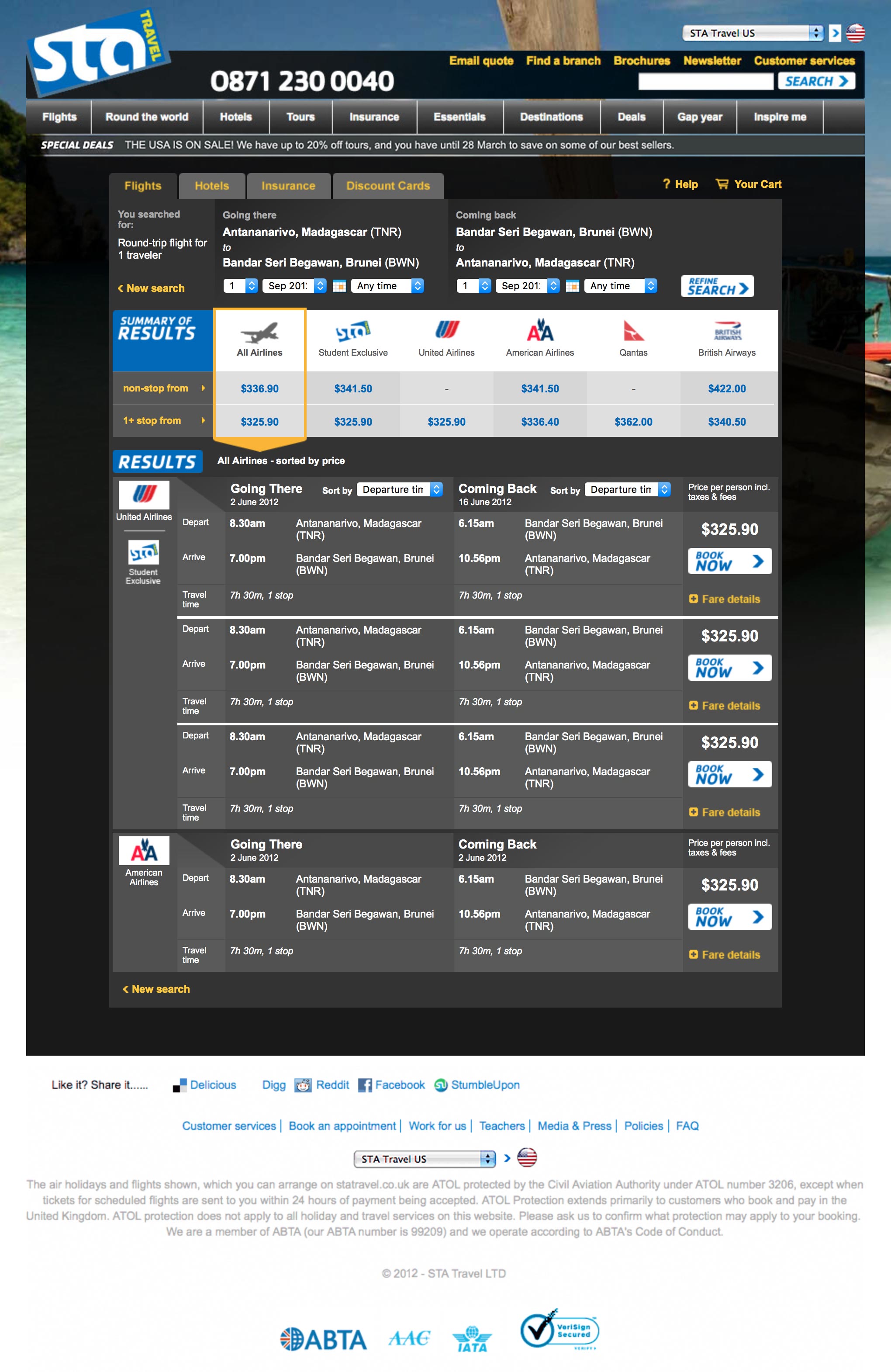 STA booking engine search results page.